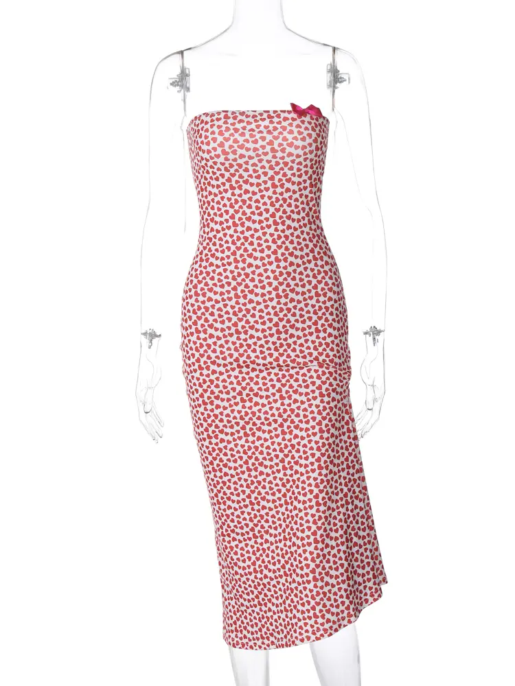 Hugcitar Elegant Heart Print Strapless Backless Slit Sexy Slim Maxi Dress 2025 Summer Women Y2K Outfits Party Festival Club