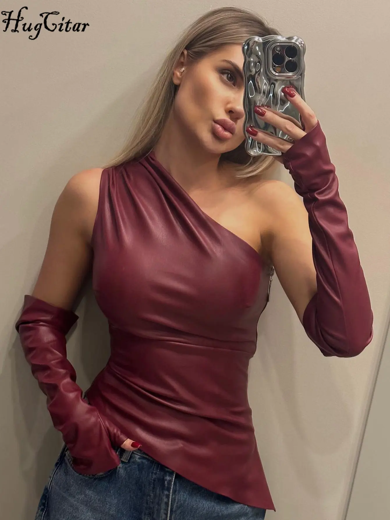 Hugcitar Fashion Pu Leather One Shoulder With Gloves Sexy Slim Crop Tank Top 2024 Fall Women Casual Outfits Rave Party Vacation