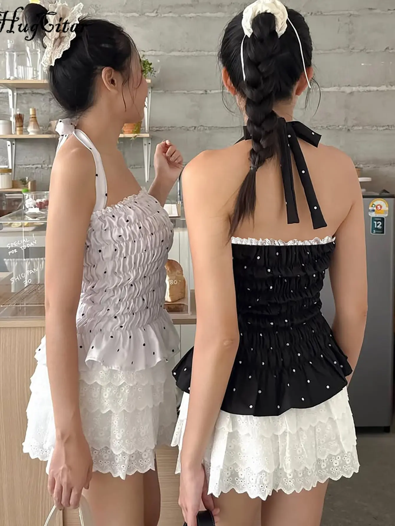 Hugcitar Halter Spot Print Ruffles Ruched Backless Sexy Crop Tank Top Bandage Summer Women Fashion Clothes Vacation Streetwear