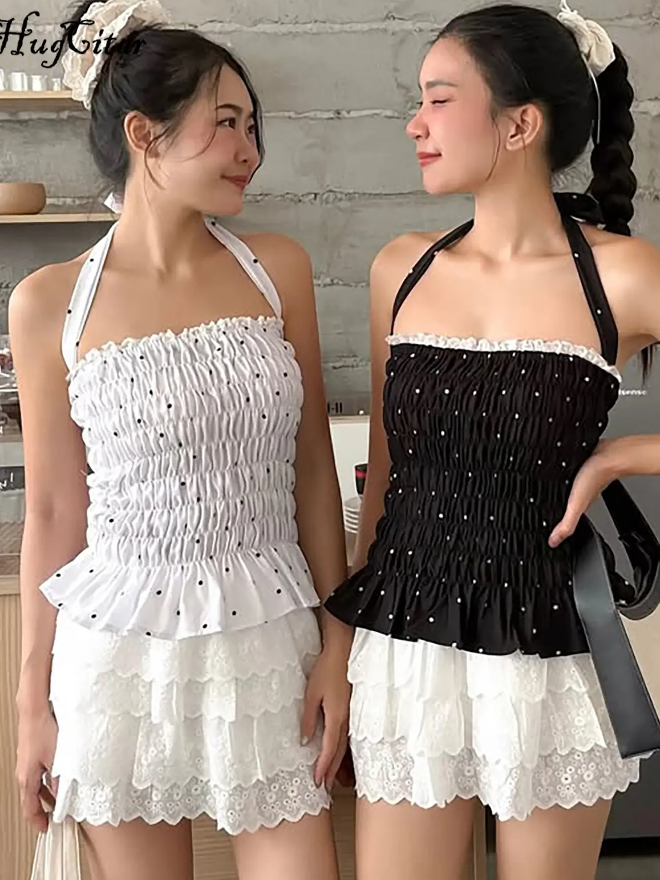 Hugcitar Halter Spot Print Ruffles Ruched Backless Sexy Crop Tank Top Bandage Summer Women Fashion Clothes Vacation Streetwear