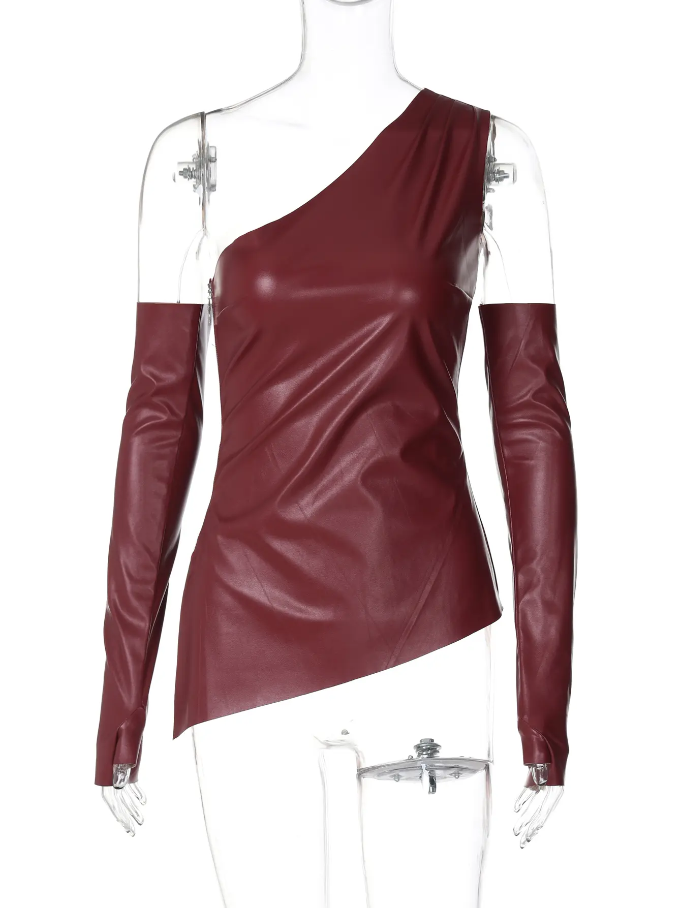 Hugcitar Fashion Pu Leather One Shoulder With Gloves Sexy Slim Crop Tank Top 2024 Fall Women Casual Outfits Rave Party Vacation
