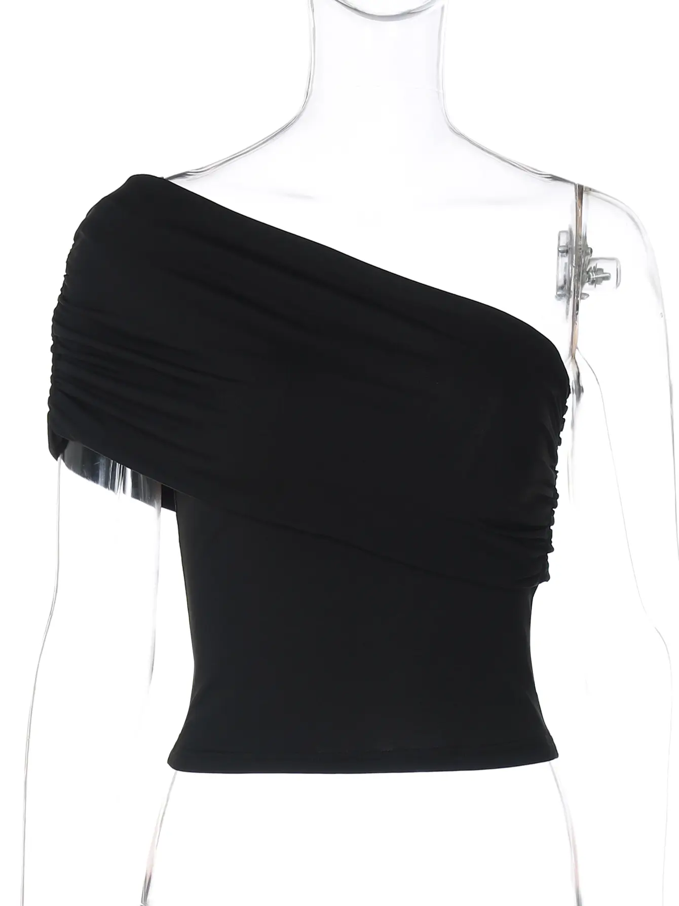 Hugcitar Women Fashion Solid One Shoulder Ruched Short Sleeve Sexy Crop Top Fashion Summer Clothes Streetwear Holiday Party