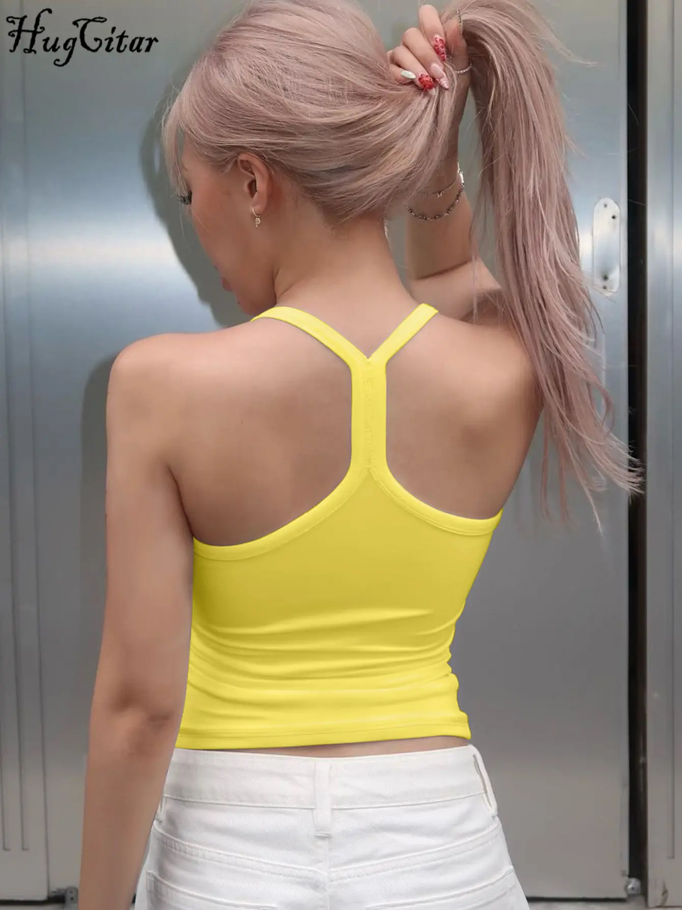 Hugcitar 2025 Summer Solid Slips Backless Sexy Crop Camis Top Women Fashion Y2K Clothes Streetwear Sport Party Club Wholesale
