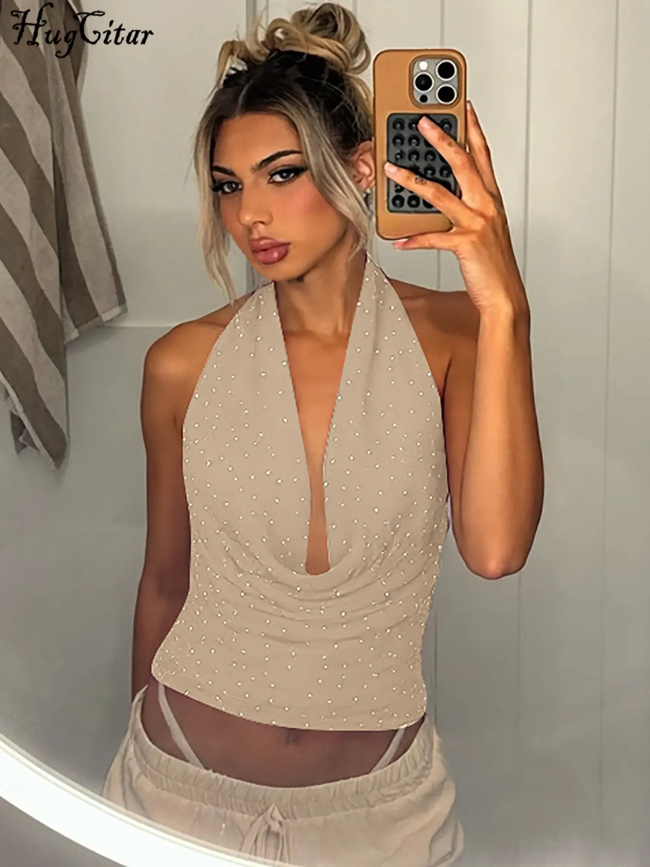 Hugcitar Women'S Fashion Sequined Halter V Neck Backless Sexy Ruched Crop Tank Top Summer Vacation Y2K Clothes Party Streetwear