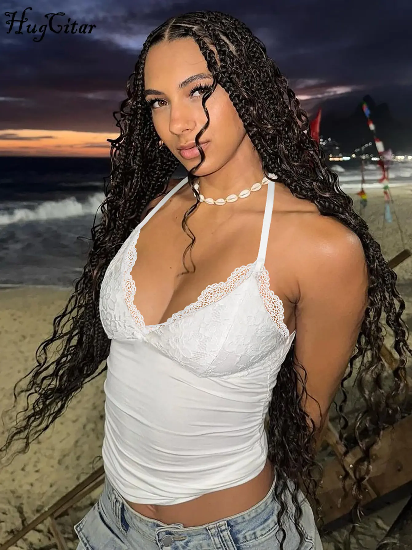 Hugcitar 2025 Spring Solid Halter V Neck Patchwork Lace Bandage Sexy Slim Crop Camis Top  Women Fashion Clothes Beach Vacation