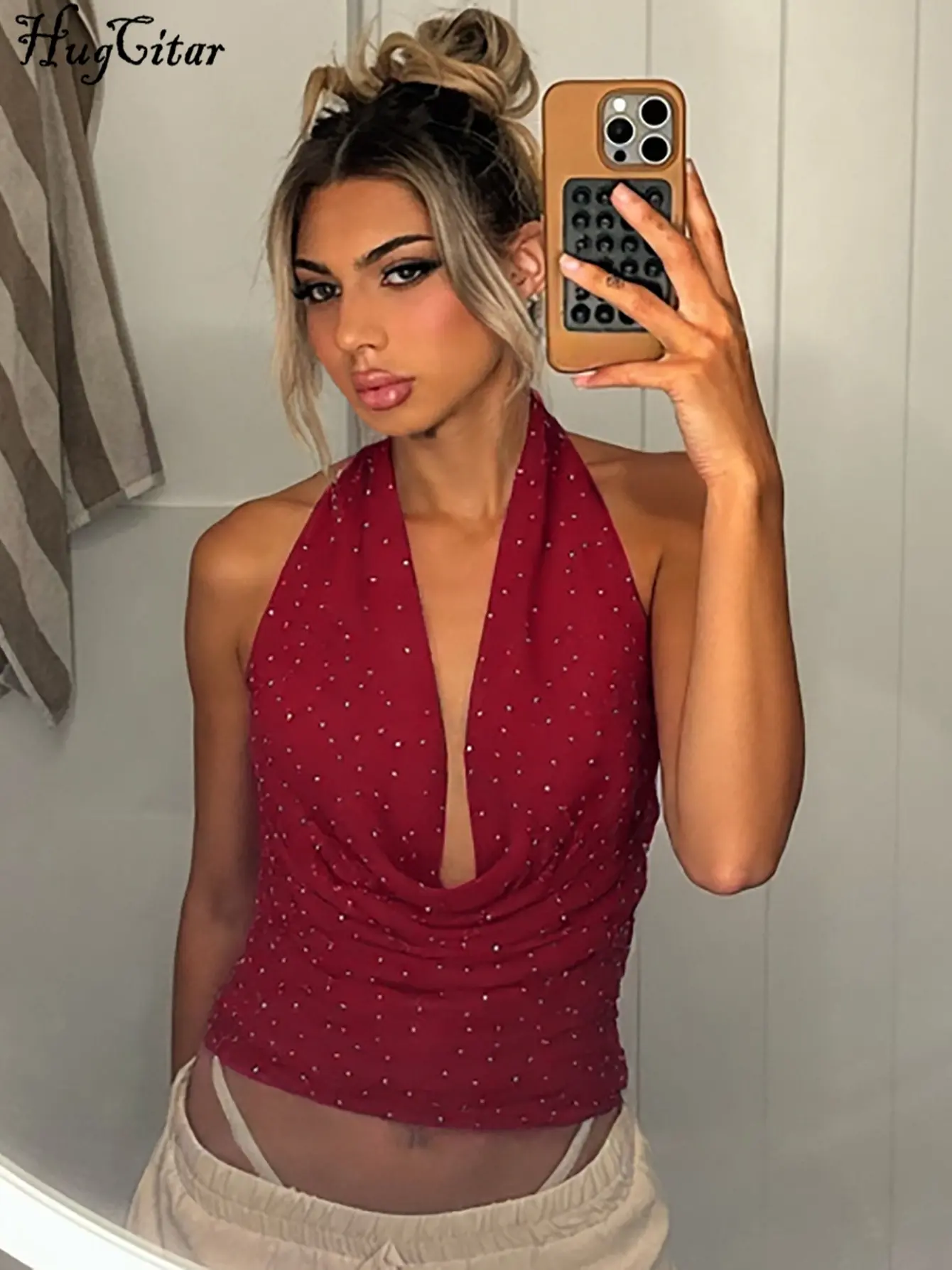 Hugcitar Women'S Fashion Sequined Halter V Neck Backless Sexy Ruched Crop Tank Top Summer Vacation Y2K Clothes Party Streetwear