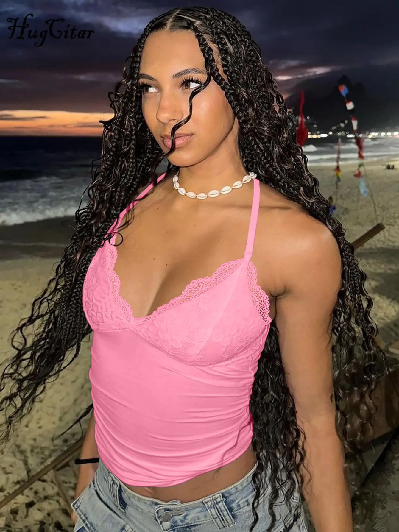 Hugcitar 2025 Spring Solid Halter V Neck Patchwork Lace Bandage Sexy Slim Crop Camis Top  Women Fashion Clothes Beach Vacation