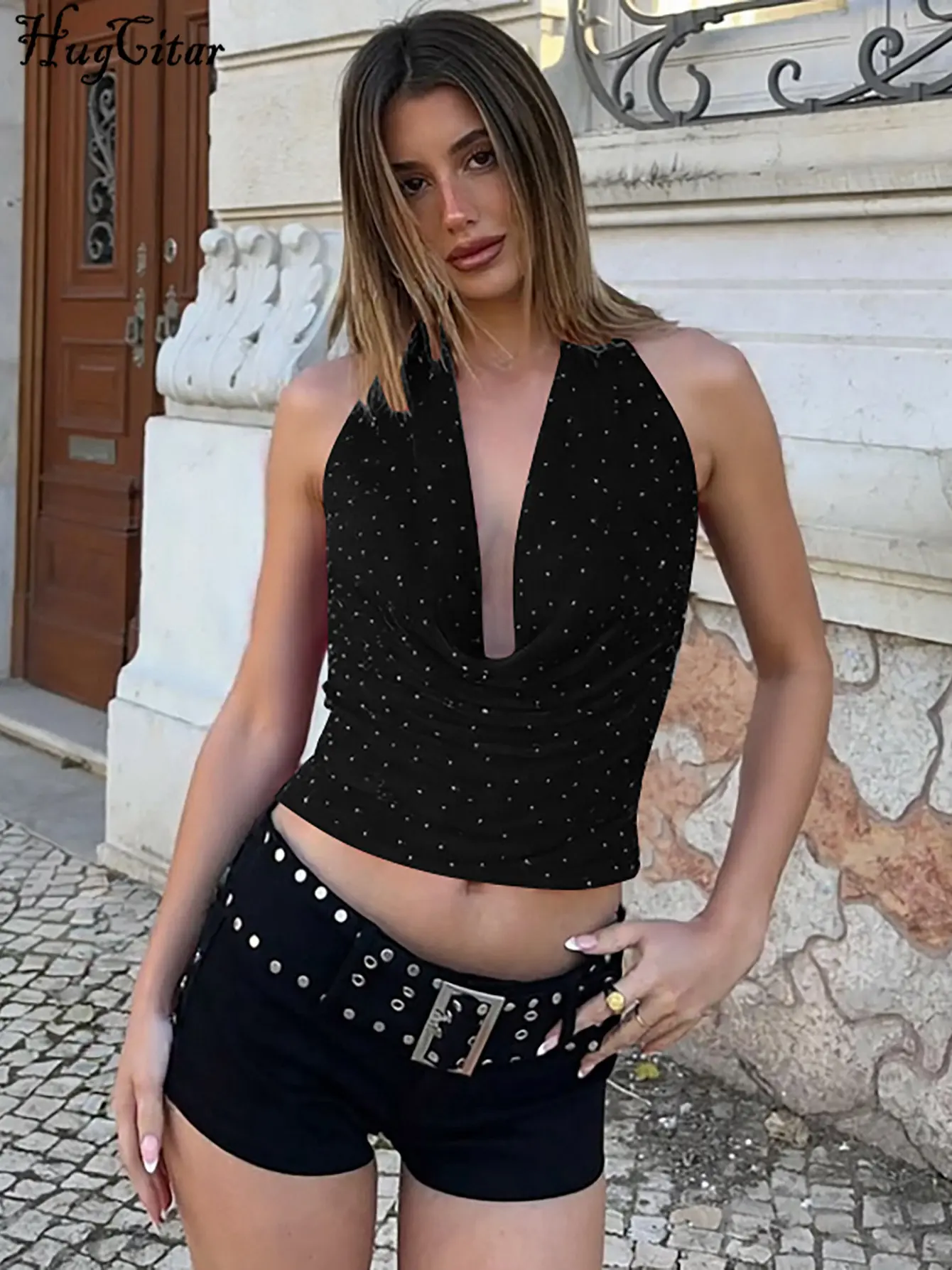 Hugcitar Women'S Fashion Sequined Halter V Neck Backless Sexy Ruched Crop Tank Top Summer Vacation Y2K Clothes Party Streetwear