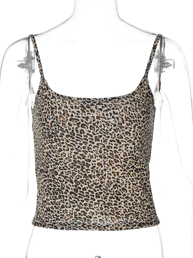 Hugcitar Leopard Print Sleeveless Slips Sexy Slim Crop Camis Top 2024 Summer Women Fashion Outfits Streetwear Party Beach Y2K