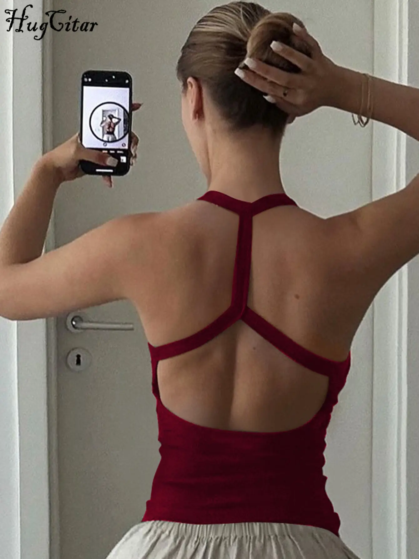 Hugcitar 2025 Halter Solid Square Collar Backless Sexy Slim Crop Tank Top Summer Fashion Women Clothes Streetwear Party Yoga