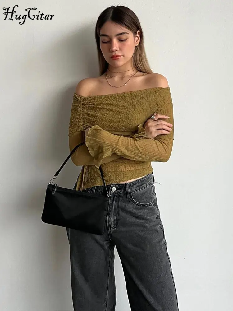 Hugcitar Mesh Slash Neck Striped Long Sleeve Shirring Sheer Sexy Slim Crop T Shirt Top Women Fashion New Y2K Clothes Party Club
