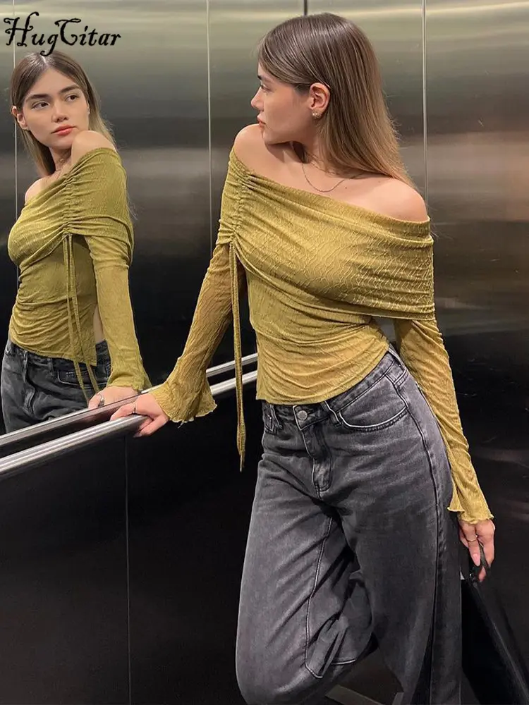 Hugcitar Mesh Slash Neck Striped Long Sleeve Shirring Sheer Sexy Slim Crop T Shirt Top Women Fashion New Y2K Clothes Party Club