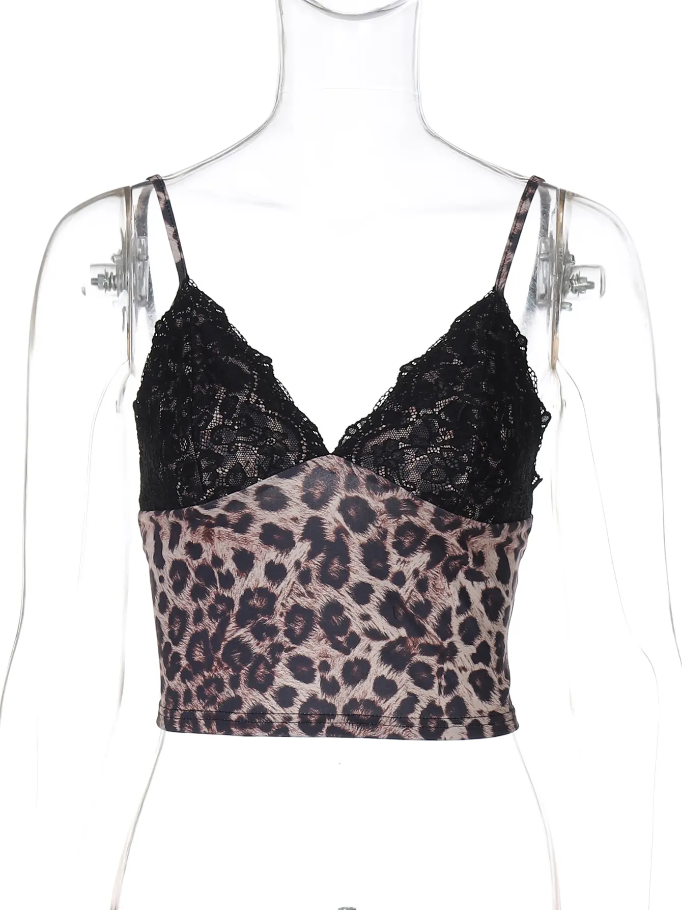 Hugcitar Fashion Leopard Print Patchwork Lace Sexy Slips Y2K Crop Camis Top Summer Women Vacation Clothes Streetwear Night Club