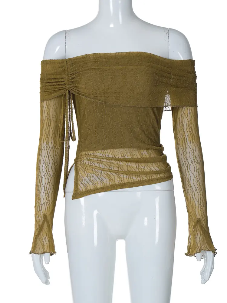 Hugcitar Mesh Slash Neck Striped Long Sleeve Shirring Sheer Sexy Slim Crop T Shirt Top Women Fashion New Y2K Clothes Party Club
