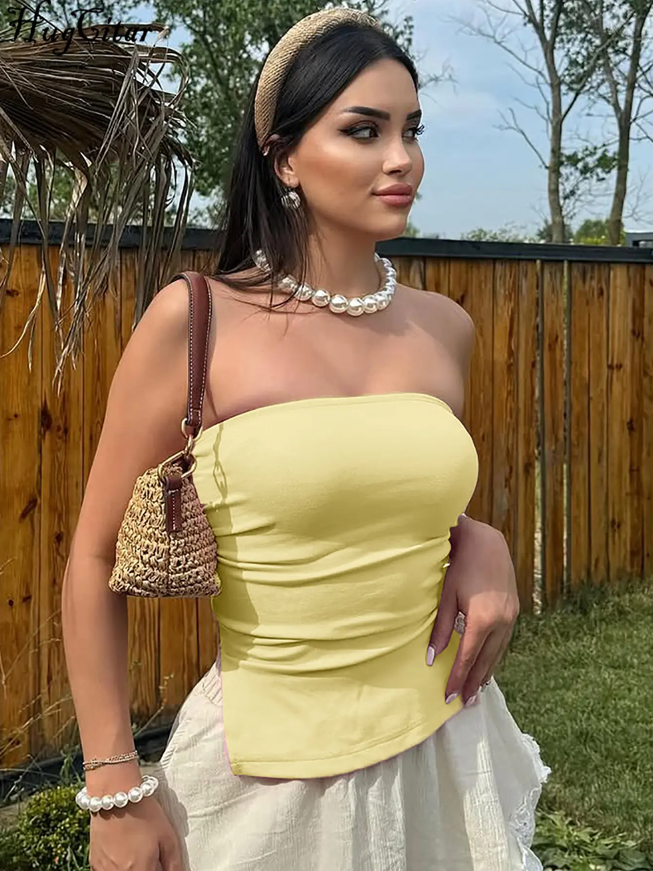 Hugcitar 2025 Fashion Strapless Solid Draped Sexy Slit Crop Tank Top Slim Summer Cute Women Outfit Birthday Party Beach Vacation