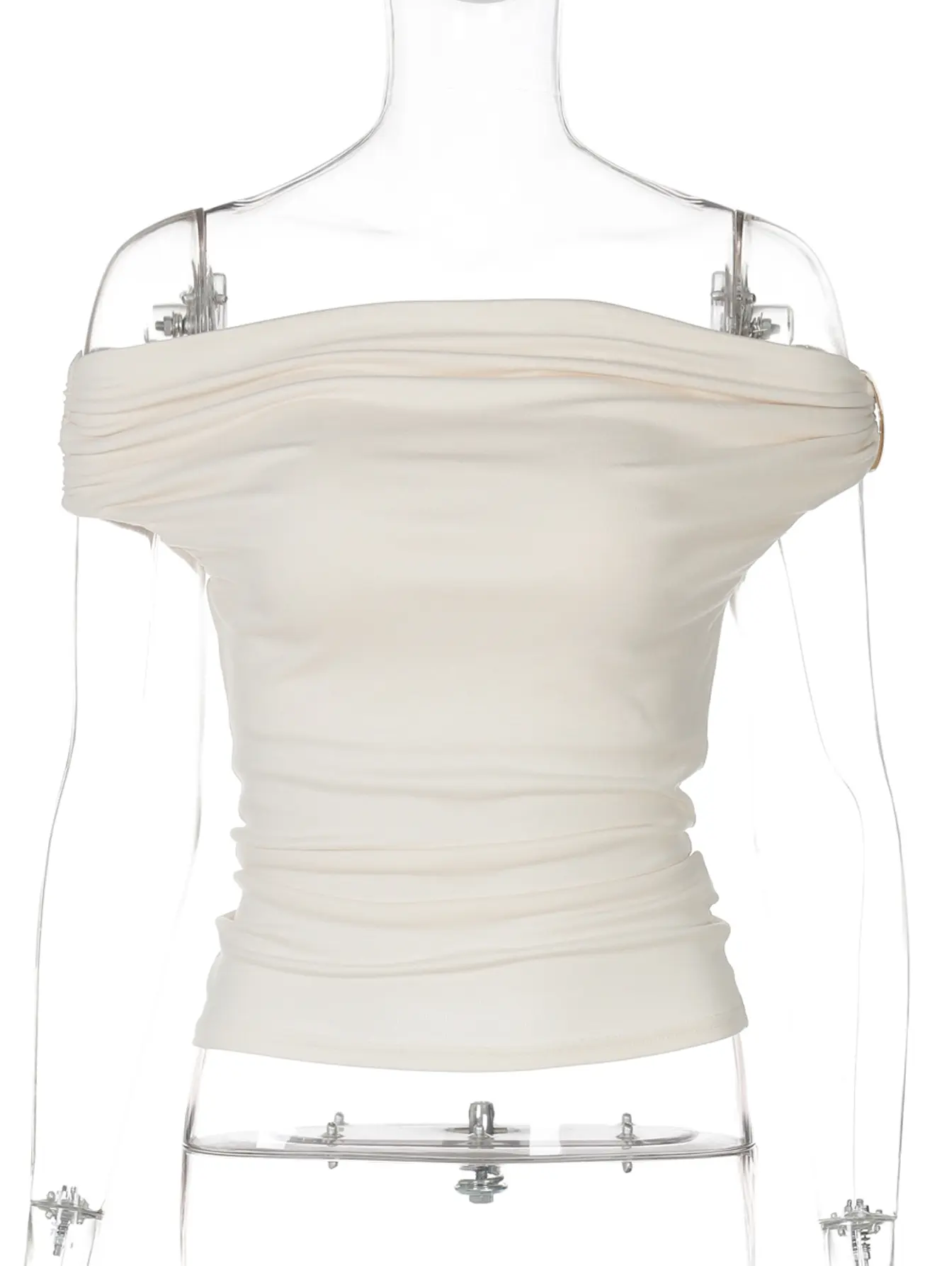 Hugcitar Women Fashion Slash Neck Strapless Ruched Metal Sexy Y2K Crop Tank Top 2025 Summer Outfit Streetwear Vacation Party