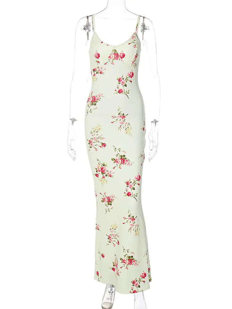 Hugcitar Elegant Flower Print Sleeveless Elegant Sexy Bodycon Slim Maxi Prom Dress 2025 Spring Summer  Y2K Party Festival Outfit