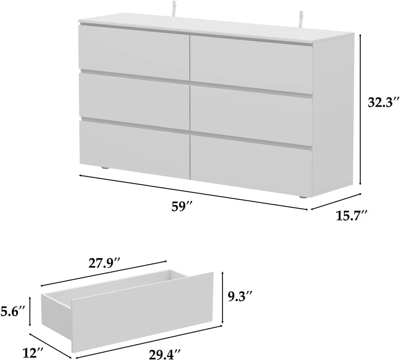Chest of Drawers Dresser No Handles, 6 Drawer Dresser with Wide Storage, Modern Contemporary 6-Drawer Chest