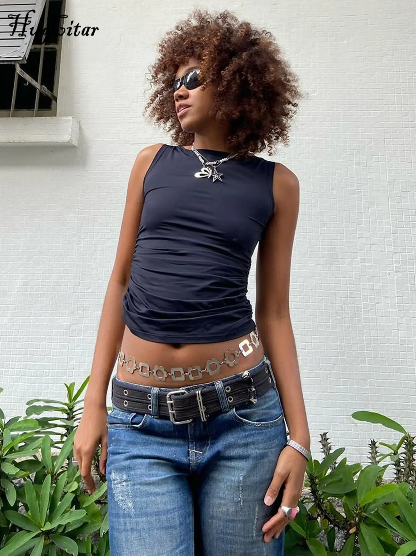 Hugcitar Women'S Fashion Ruched Solid O Neck Sexy Slim Crop Tank Top 2025 Summer Clothes Casual Y2K Streetwear Party Holiday