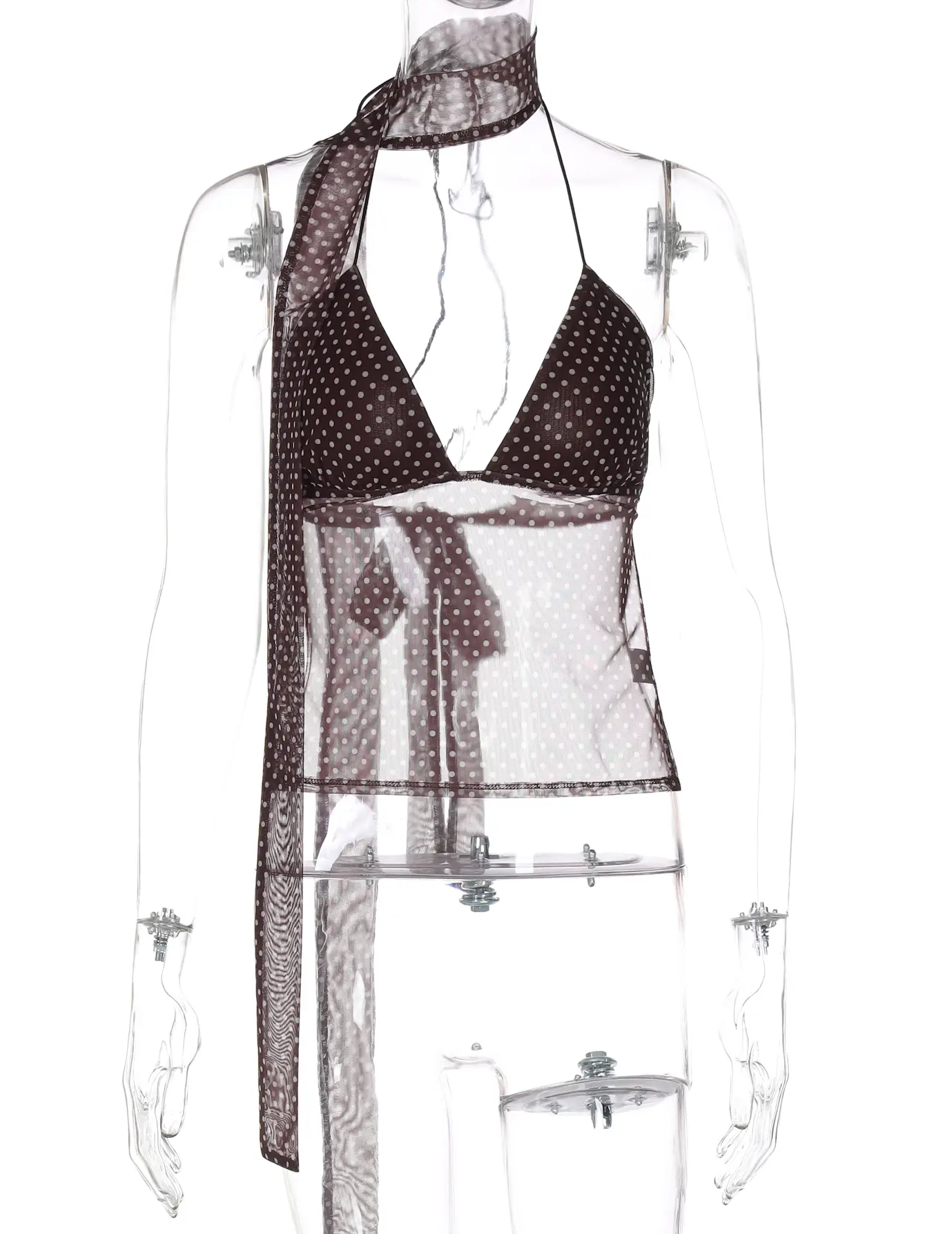 Hugcitar Halter V Neck Polka Dot Print Patchwork Lace Up Sexy See Through Crop Camis Top Women Fashion Clothes Beach Vacation