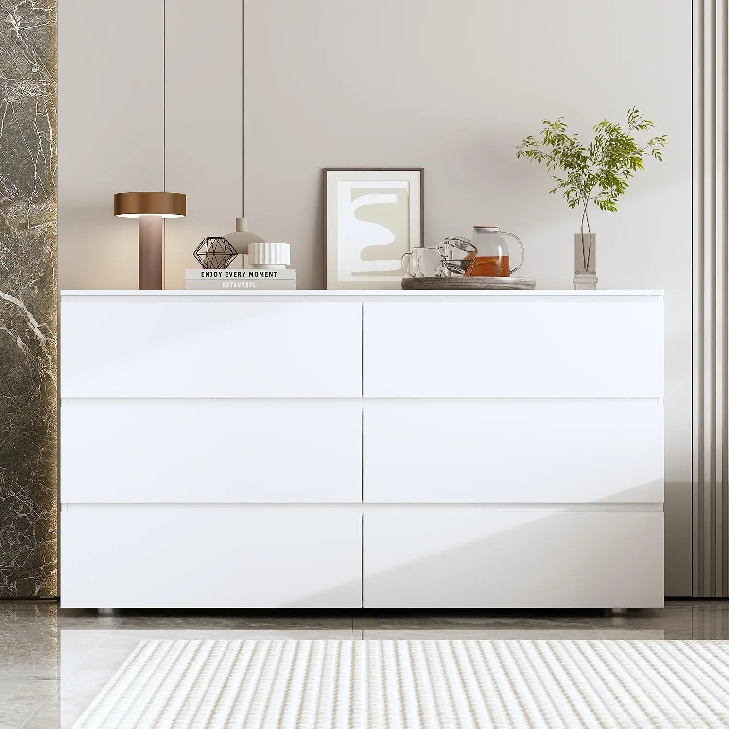 Chest of Drawers Dresser No Handles, 6 Drawer Dresser with Wide Storage, Modern Contemporary 6-Drawer Chest