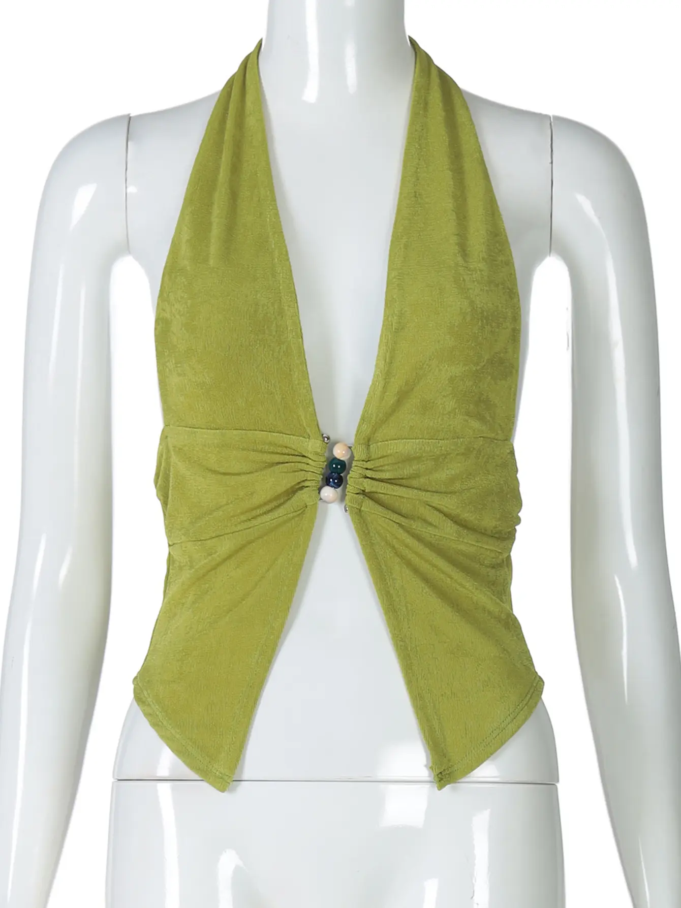 Hugcitar Women'S Fashion Halter Sexy V Neck Solid Backless Ruched With Beads Crop Tank Top Summer Outfits Festival Beach Party