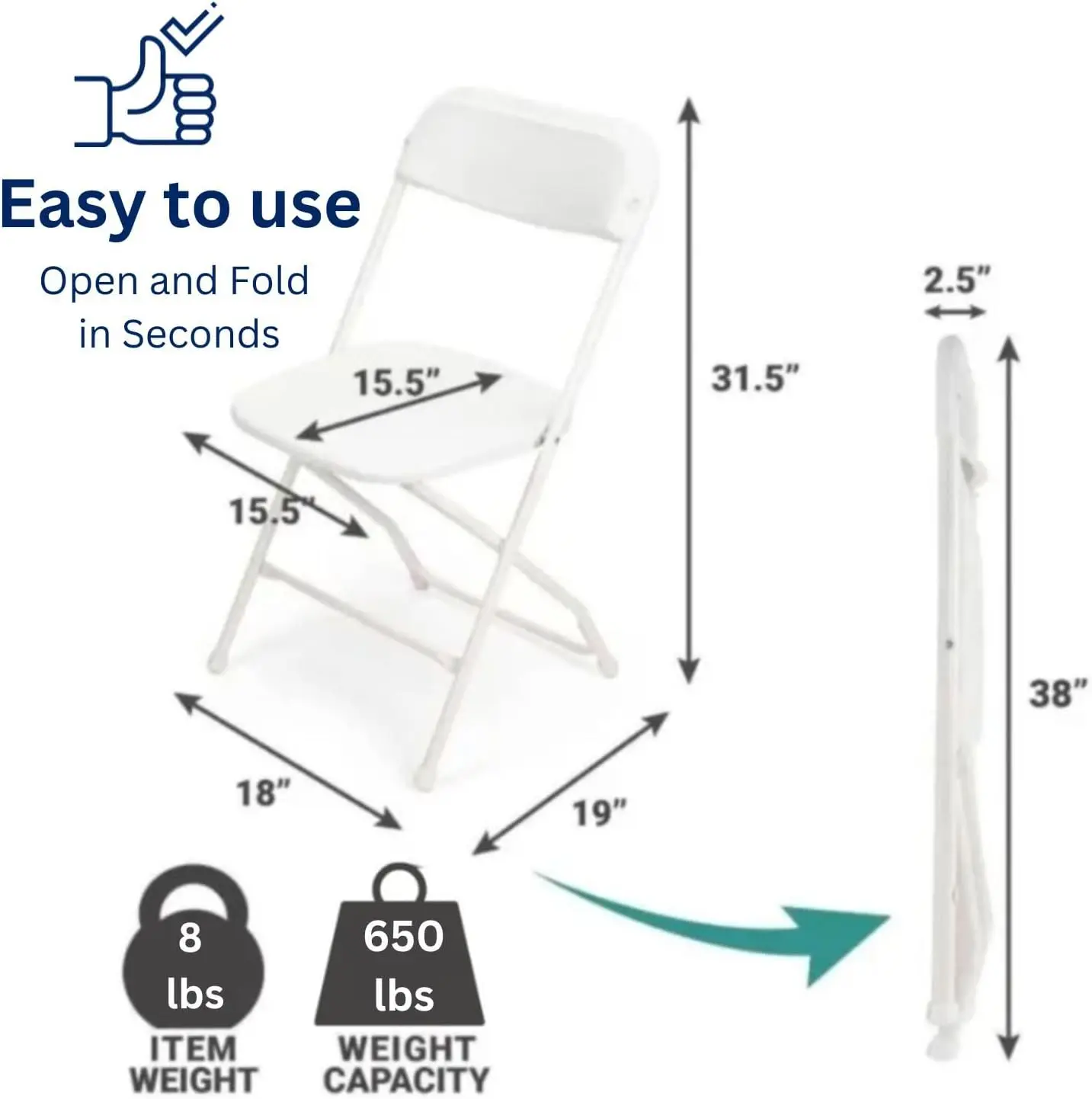 White Folding Chairs 10-Pack,Portable Events Chairs, Plastic Folding Chair, Stylish 650 lb Capacity for Party, School and Church