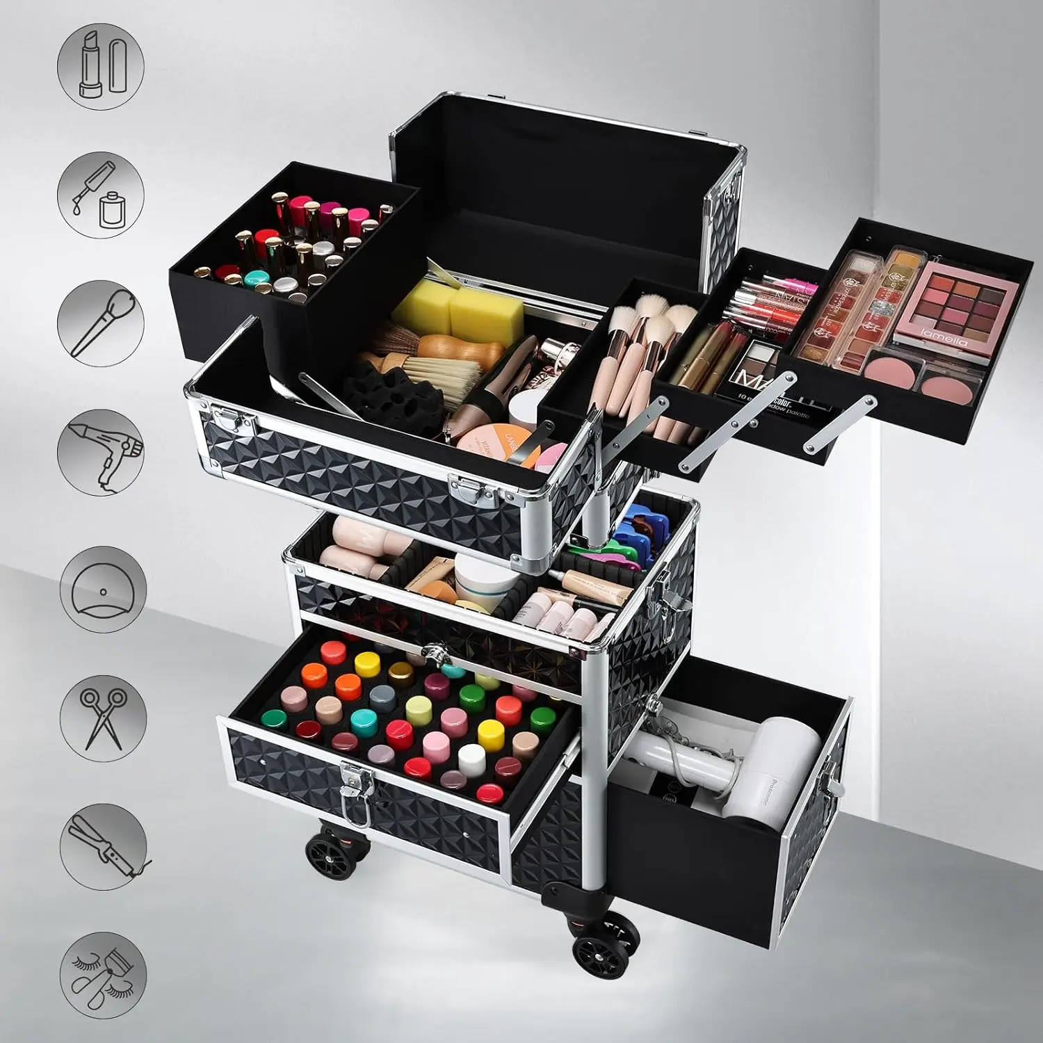 Rolling Makeup Case with Wheels & Drawers Large Professional Cosmetology Trolley Case Lockable Travel Cosmetic Storage