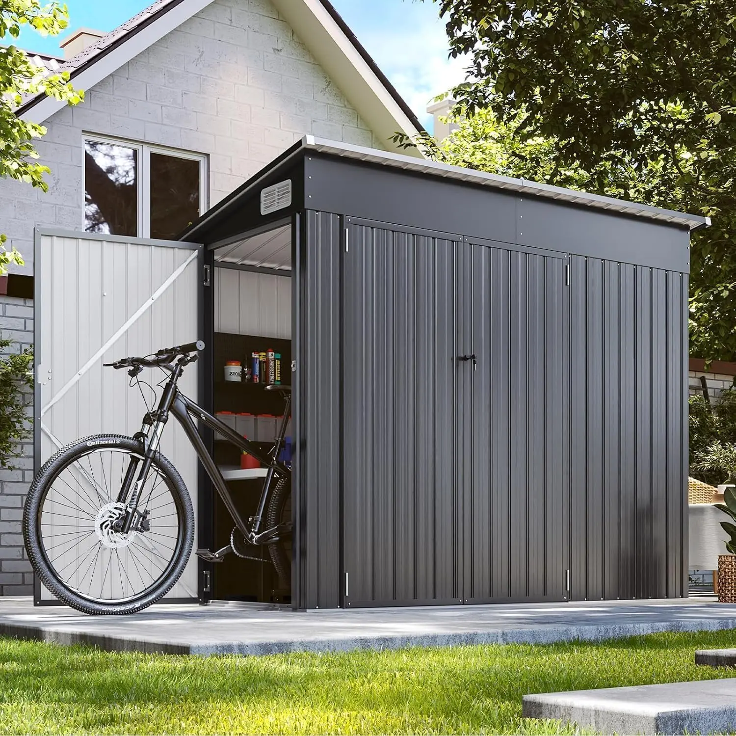 8'x4' Shed Galvanized Steel Storage Sheds with Triple Doors Weatherproof Outdoor Utility Sheds, Dual Lock Lean to Shed