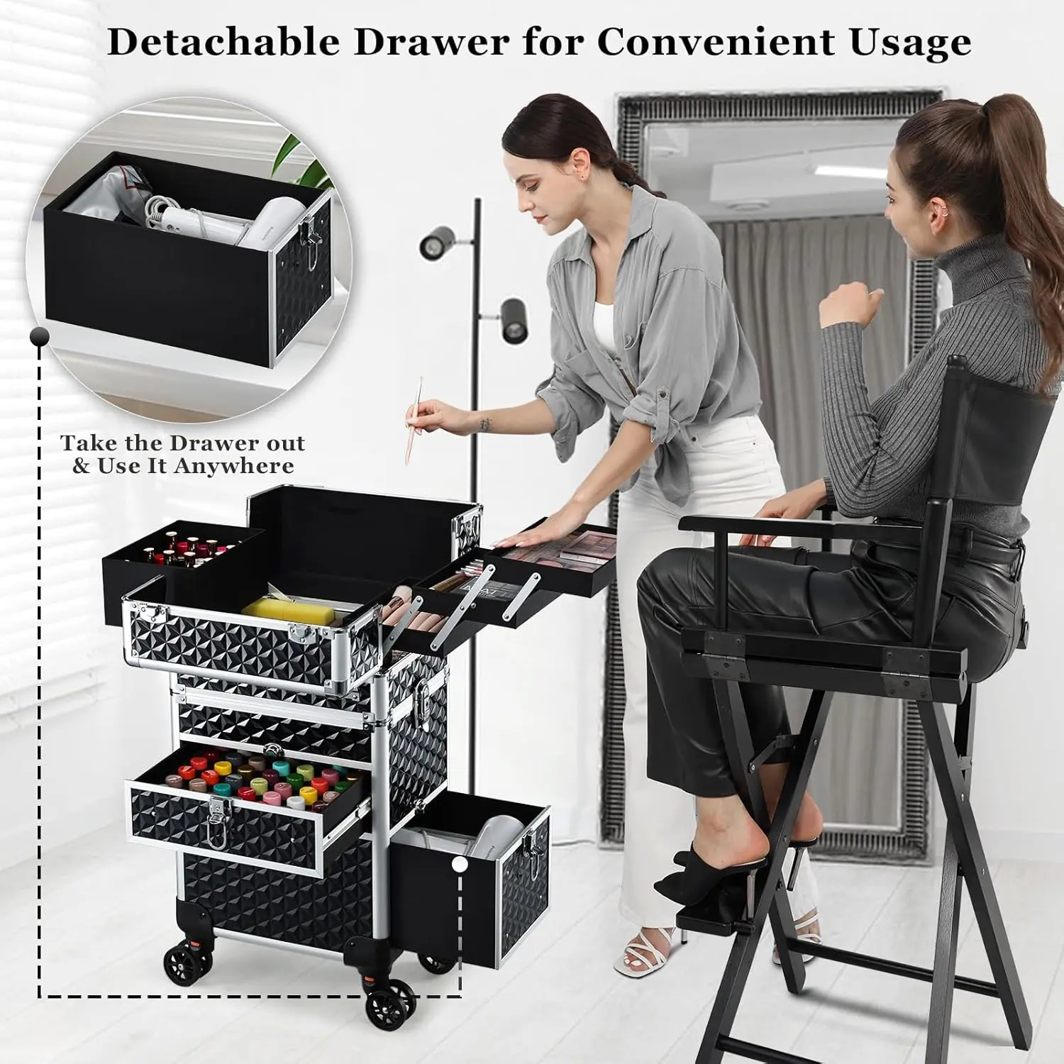 Rolling Makeup Case with Wheels & Drawers Large Professional Cosmetology Trolley Case Lockable Travel Cosmetic Storage