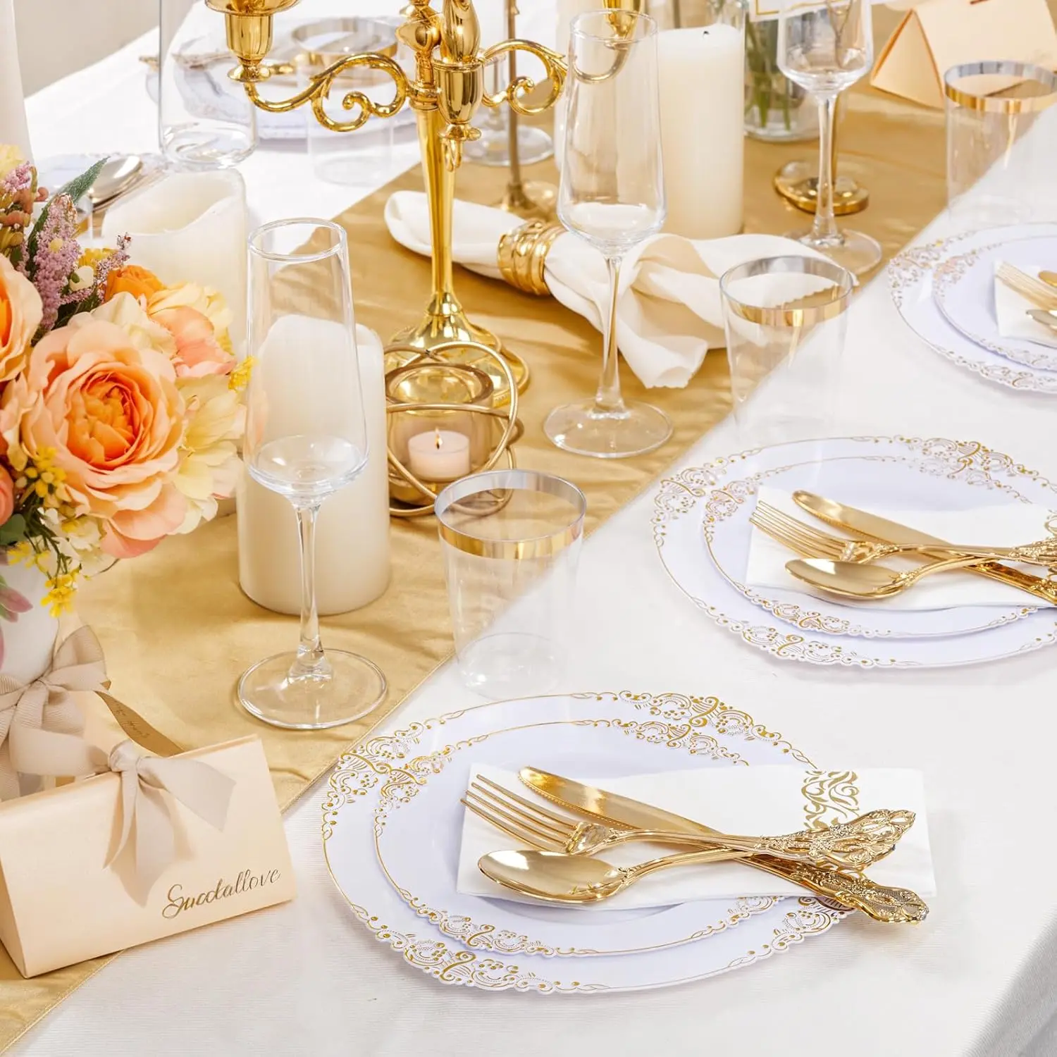 700PCS Gold Plastic Dinnerware Set - White and Gold Disposable Plates for 100 Guest - 200 Disposable Plates, 300 Heavy Duty