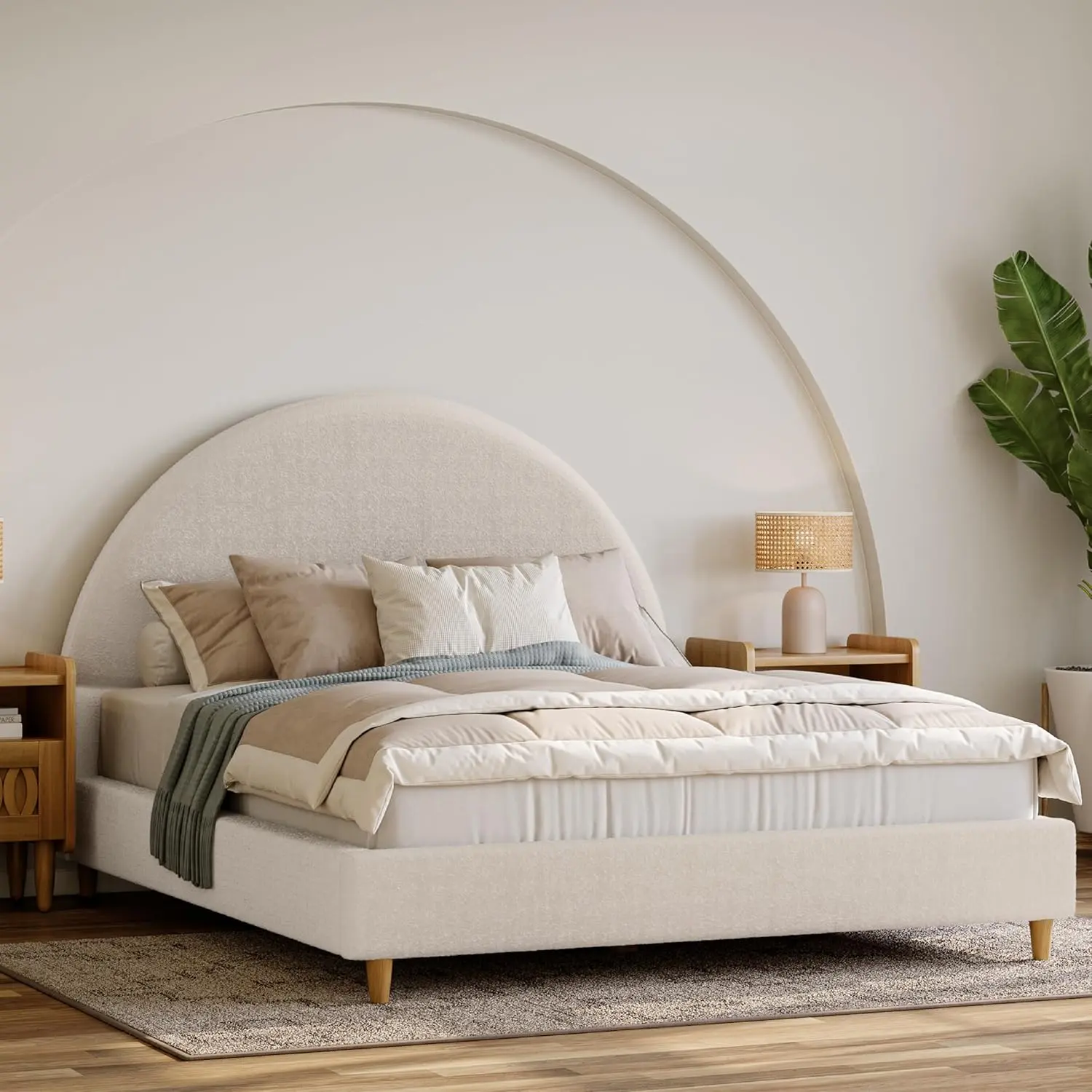 Cloud Bed Frame with Arch Shaped Headboard, Upholstered in Soft Fabric, Platform Bed Frame with Solid Wood Legs