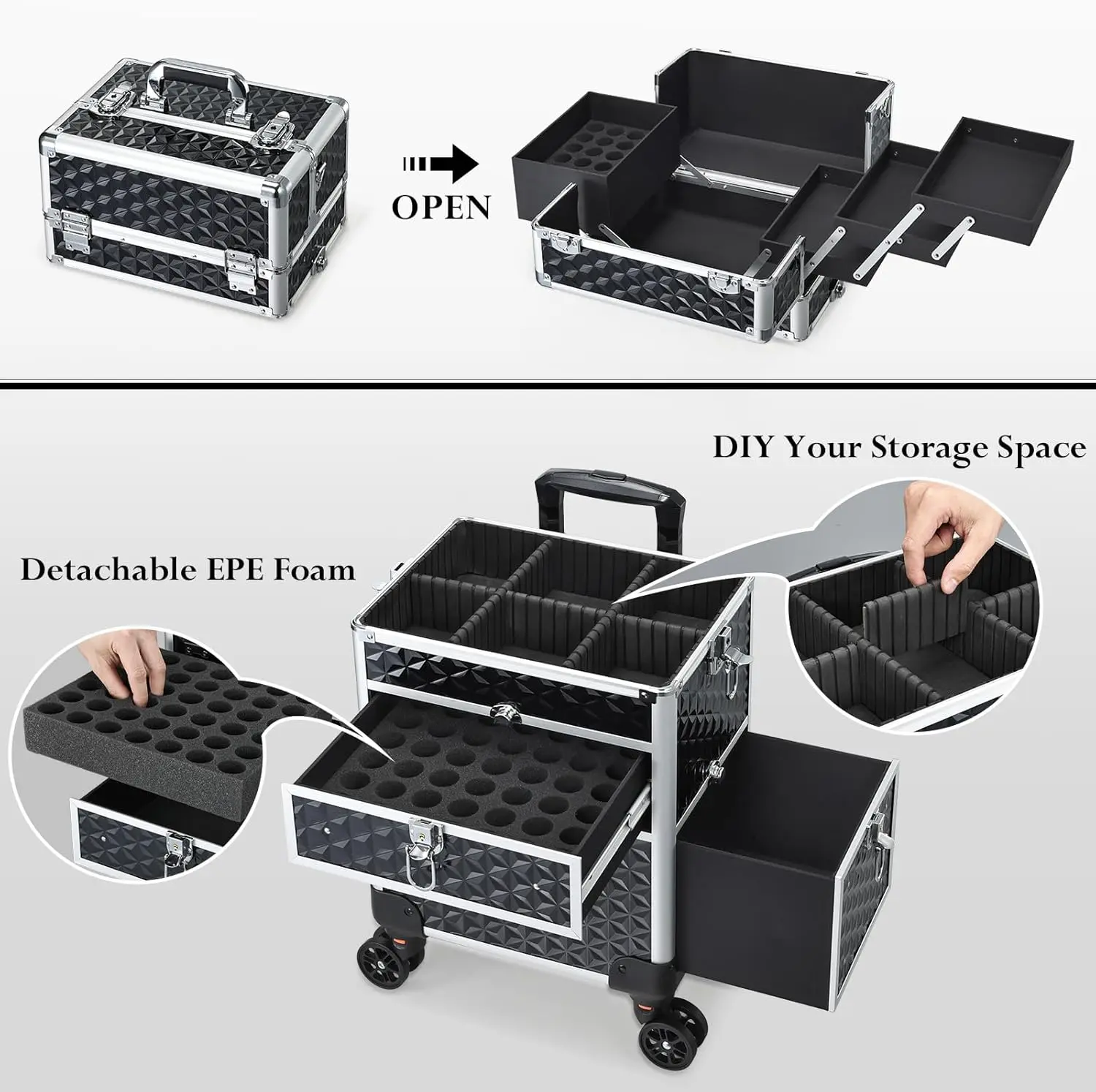 Rolling Makeup Case with Wheels & Drawers Large Professional Cosmetology Trolley Case Lockable Travel Cosmetic Storage