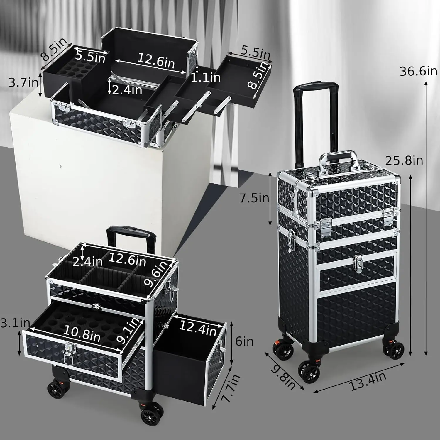 Rolling Makeup Case with Wheels & Drawers Large Professional Cosmetology Trolley Case Lockable Travel Cosmetic Storage
