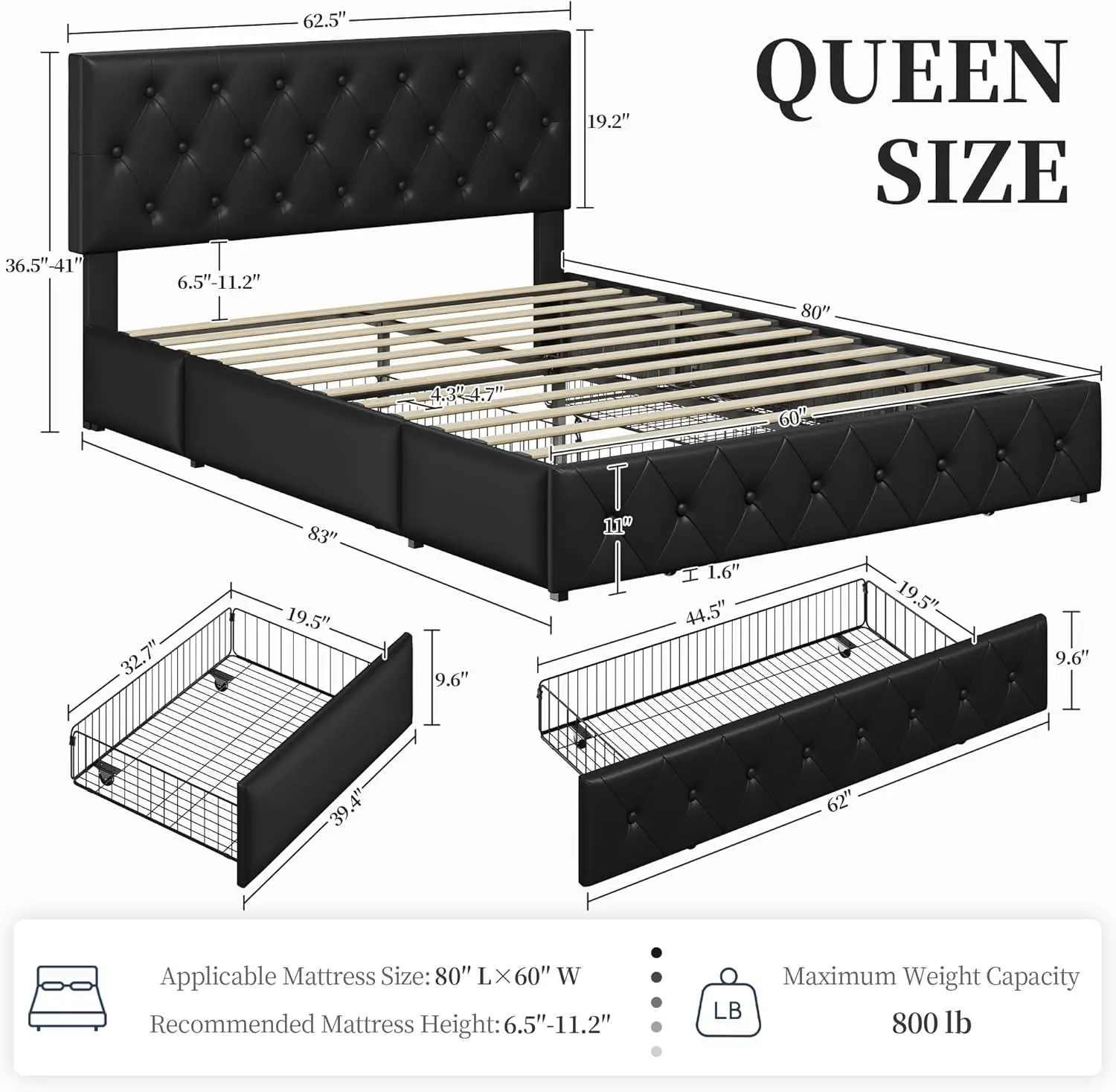 Queen Bed Frame Upholstered Bed Frame with Adjustable Diamond Button-Tufted Headboard/3 Drawers Storage, Queen Platform