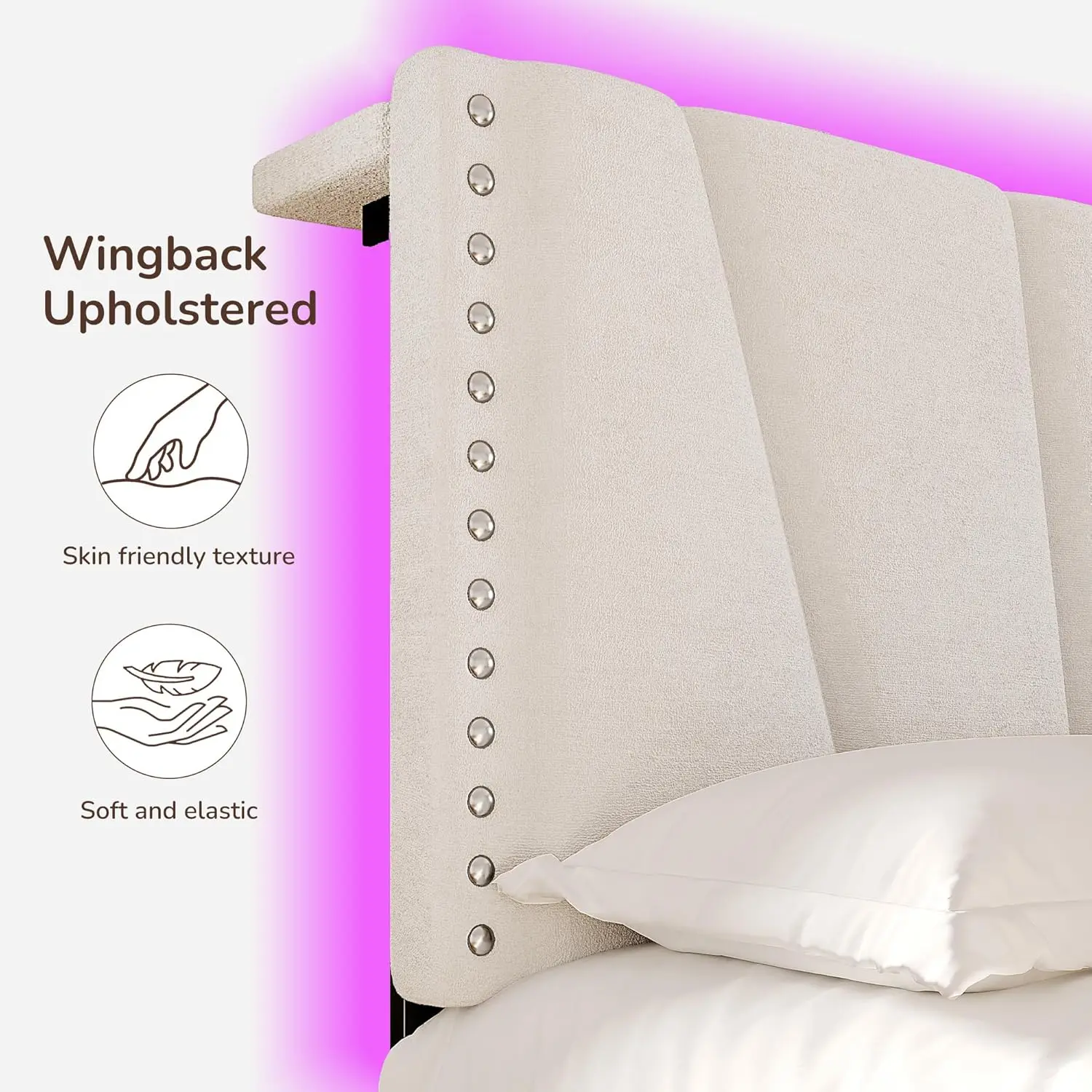 King Size Bed Frame with Velvet Headboard and LED Lights， Storage Headboard Platform Bed with Charging Station