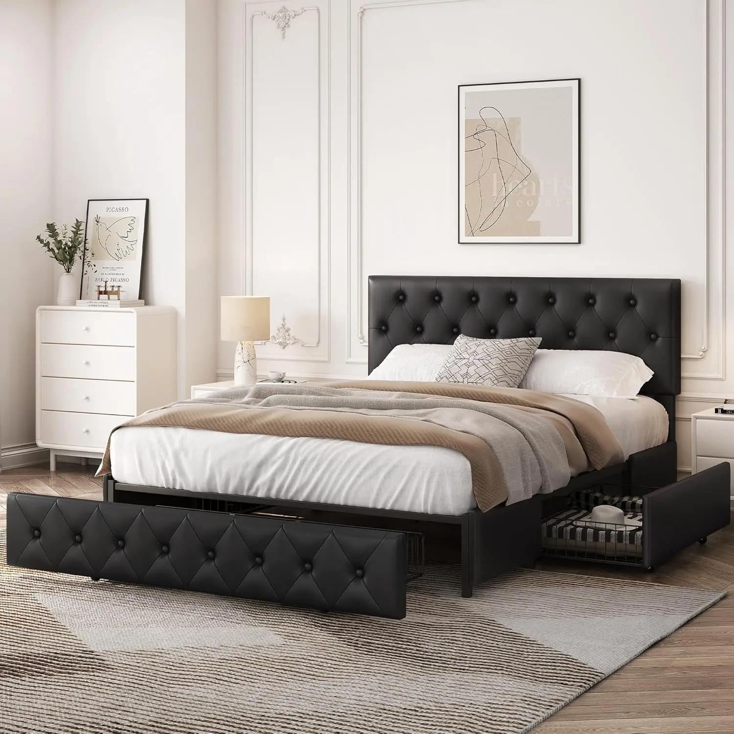 Queen Bed Frame Upholstered Bed Frame with Adjustable Diamond Button-Tufted Headboard/3 Drawers Storage, Queen Platform