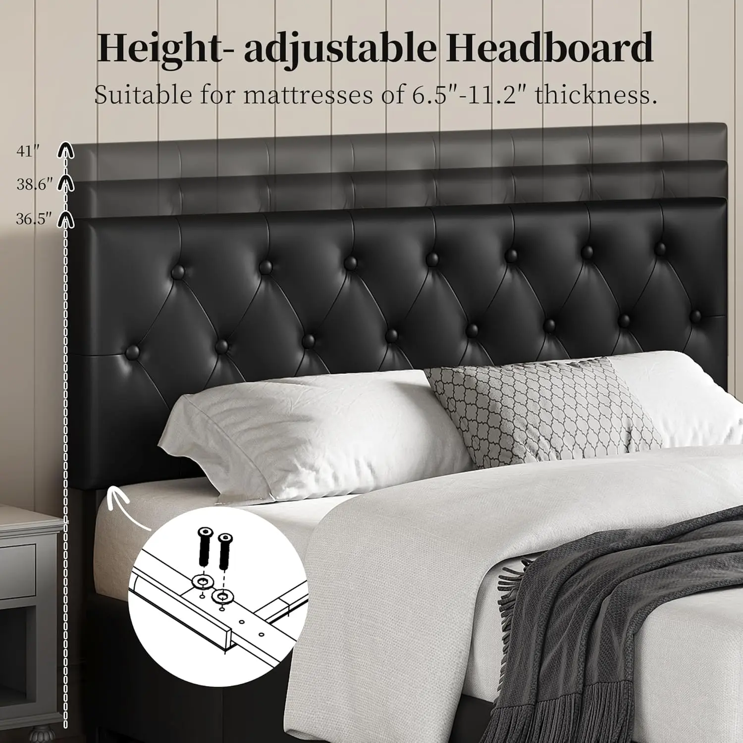 Queen Bed Frame Upholstered Bed Frame with Adjustable Diamond Button-Tufted Headboard/3 Drawers Storage, Queen Platform