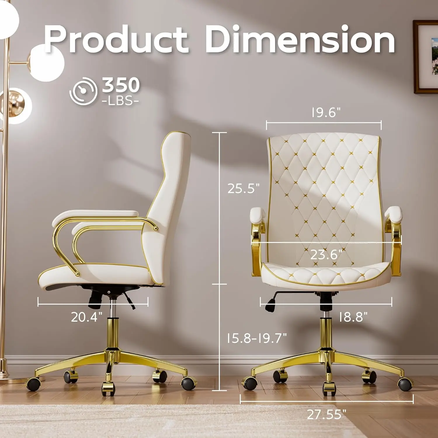 White and Gold Office Chair with Soft Leather Embroidery, Mid Back Vintage Swivel Executive Desk Chair with Wheels and Padded