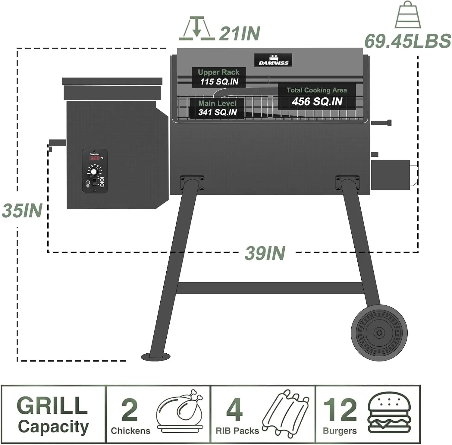 Electric Wood Pellet Smoker Grill, 456 SQ.IN Cook Area Pellet Grill with Auto Feed & PID Temperature Control (180-450°F)
