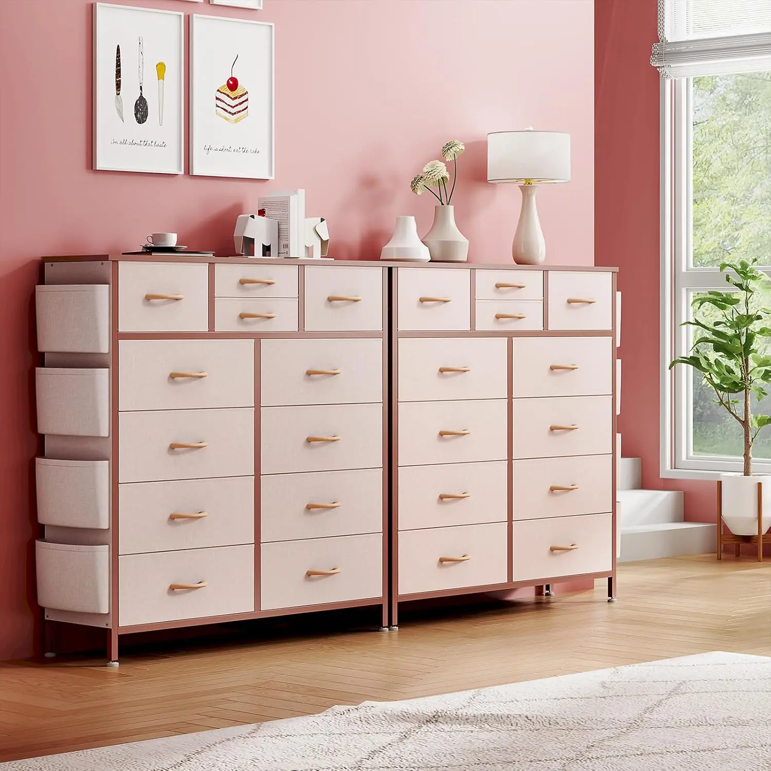 Pink Dresser for Bedroom with 12 Drawers, Tall Dresser Chest of Drawers with Side Pockets and Hooks, Fabric Storage Tower