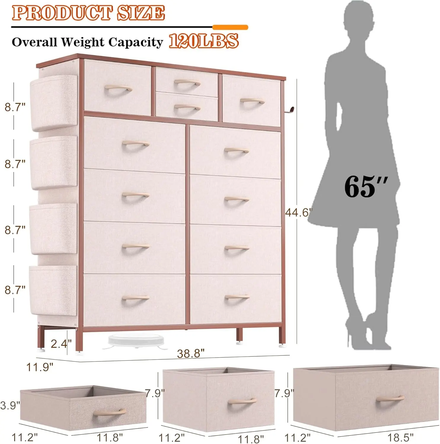 Pink Dresser for Bedroom with 12 Drawers, Tall Dresser Chest of Drawers with Side Pockets and Hooks, Fabric Storage Tower