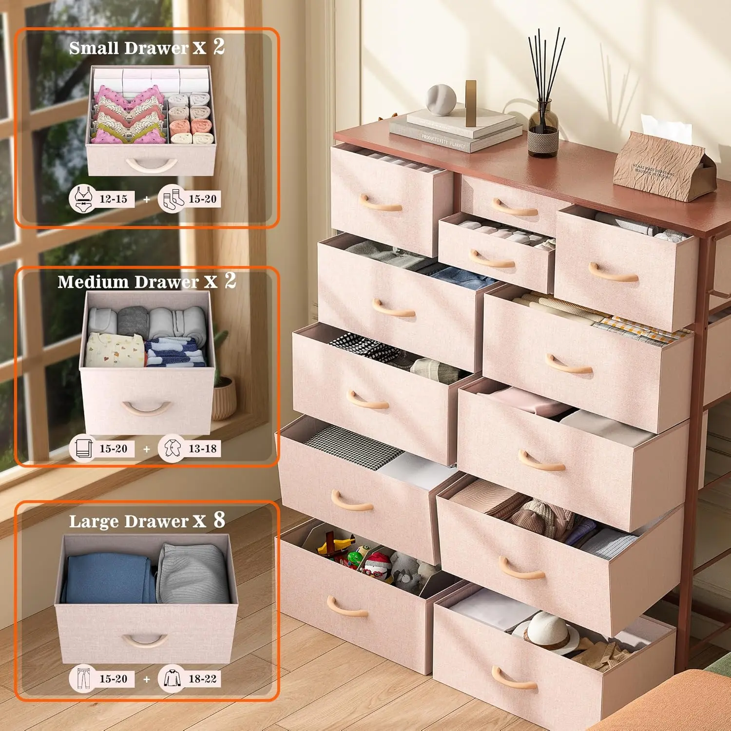 Pink Dresser for Bedroom with 12 Drawers, Tall Dresser Chest of Drawers with Side Pockets and Hooks, Fabric Storage Tower