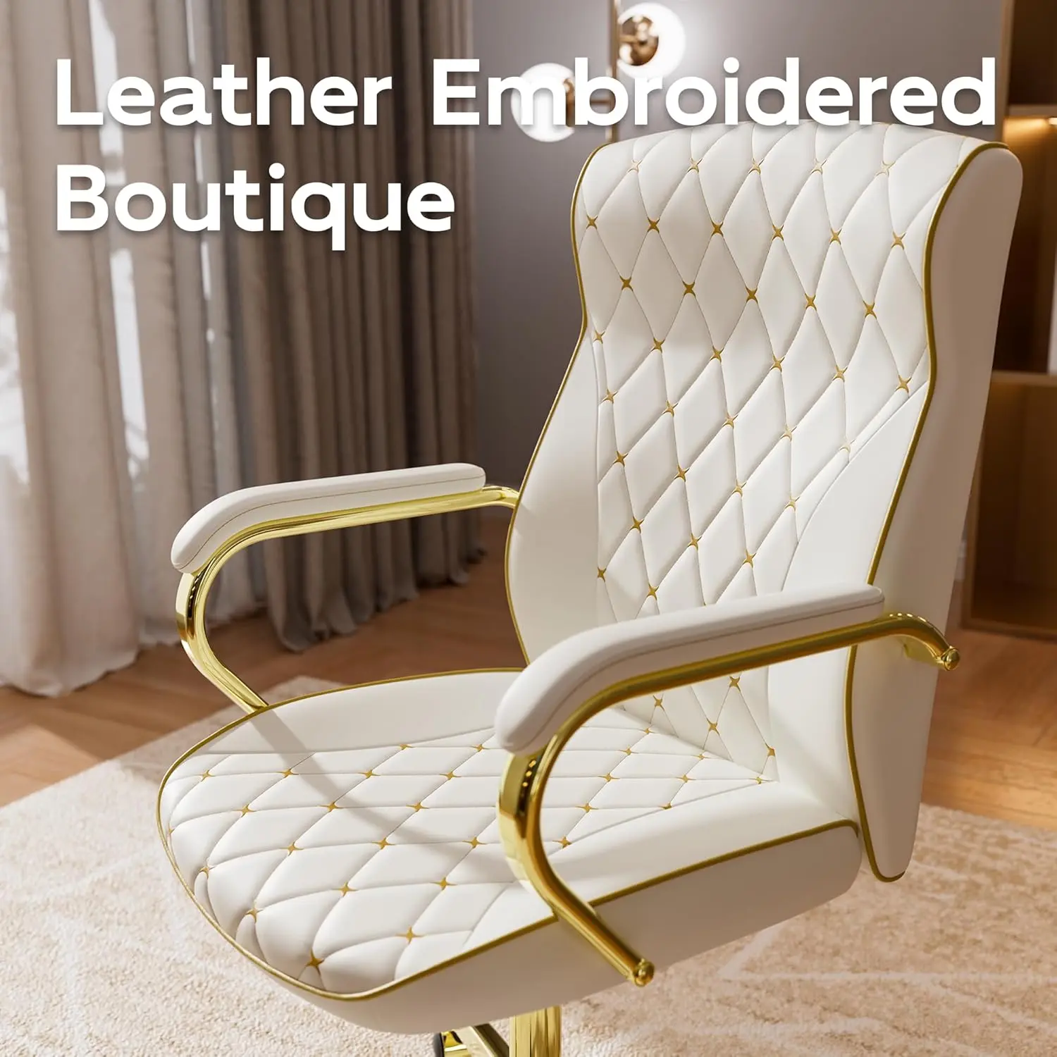 White and Gold Office Chair with Soft Leather Embroidery, Mid Back Vintage Swivel Executive Desk Chair with Wheels and Padded