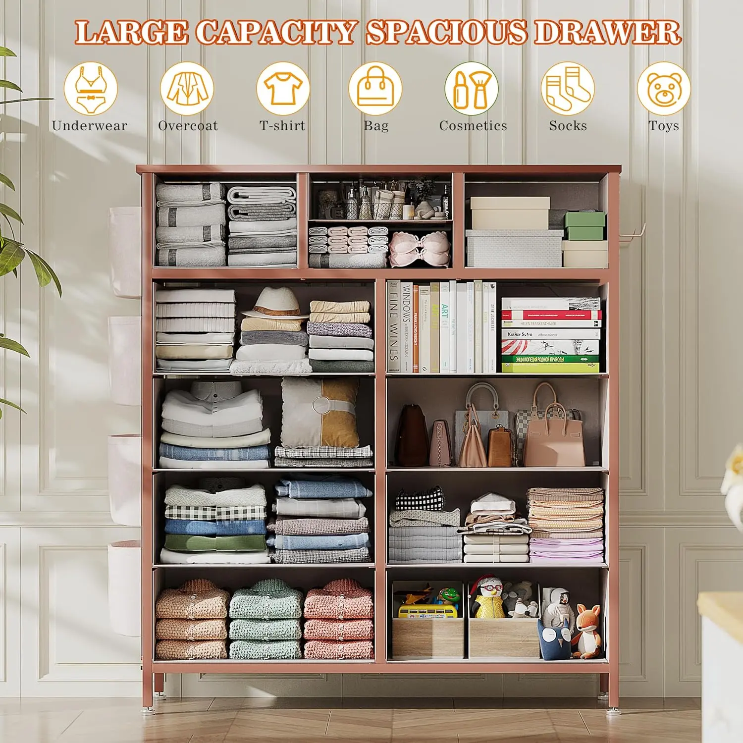 Pink Dresser for Bedroom with 12 Drawers, Tall Dresser Chest of Drawers with Side Pockets and Hooks, Fabric Storage Tower