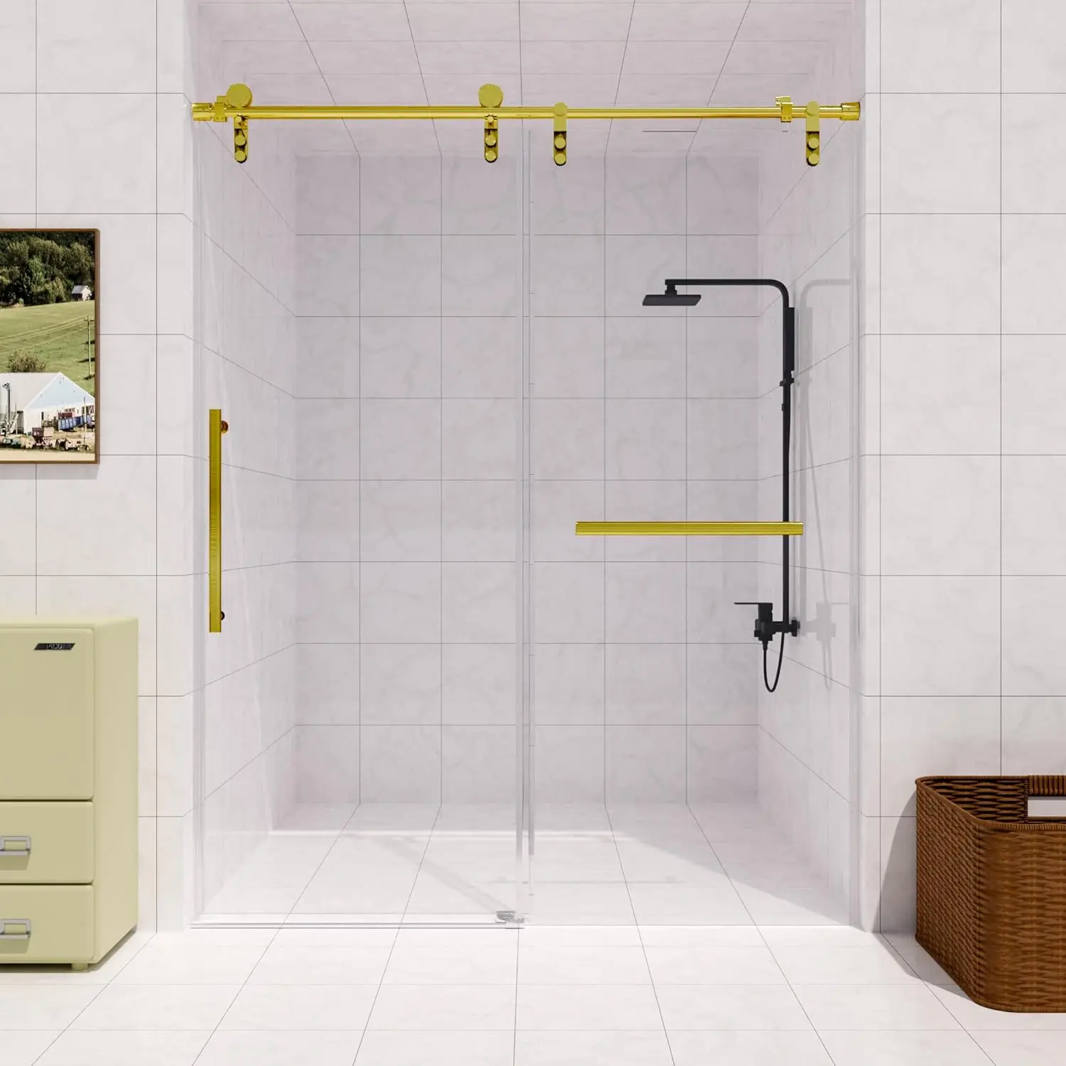 Frameless Slidable Shower Door, 56-60" W × 76" H, 5/16" Clear Tempered Glass, Gold Stainless Steel Handle, Noiseless, Waterproof