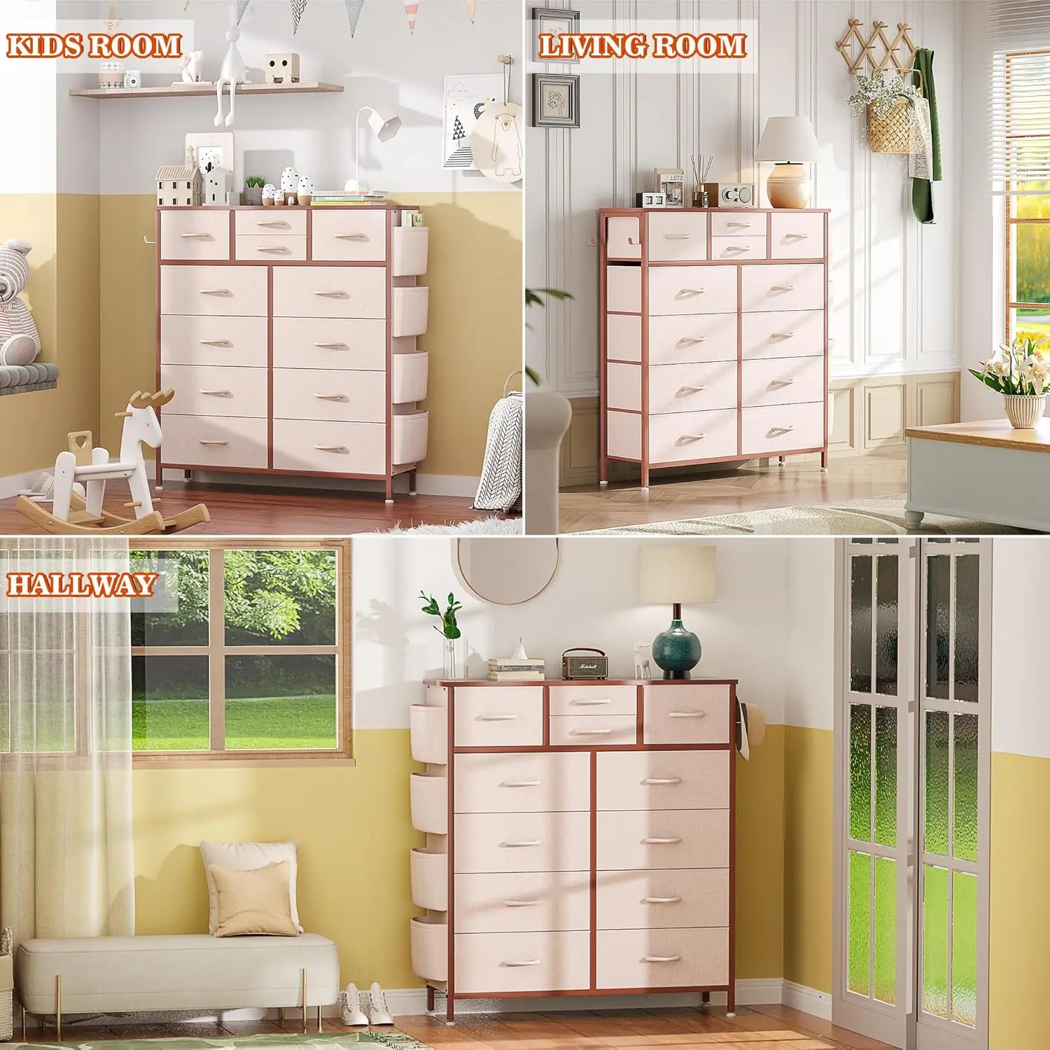 Pink Dresser for Bedroom with 12 Drawers, Tall Dresser Chest of Drawers with Side Pockets and Hooks, Fabric Storage Tower