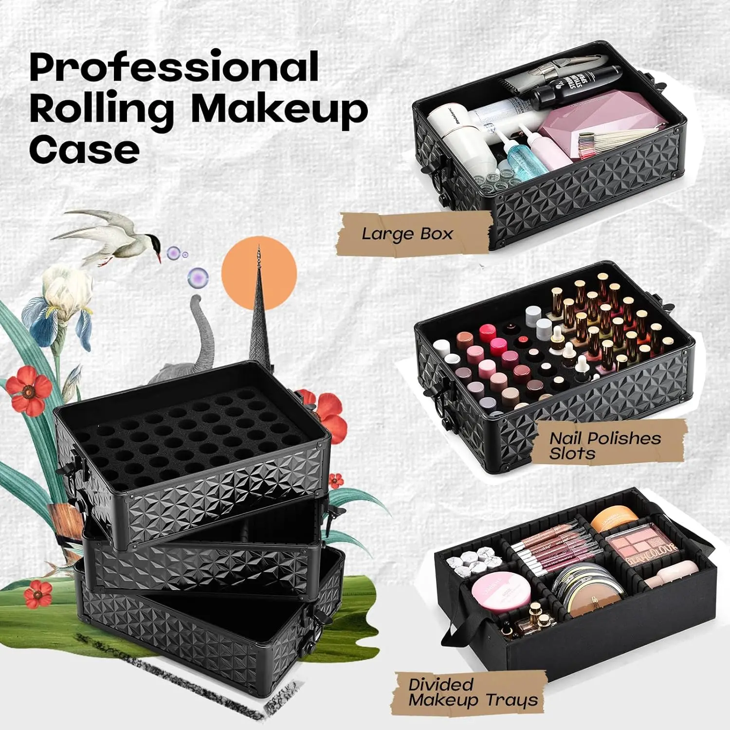 5 in 1 Makeup Train Case, Cosmetology Case on Wheels Travel Make up Case Rolling Nail Cart Makeup Organizer Cosmetic