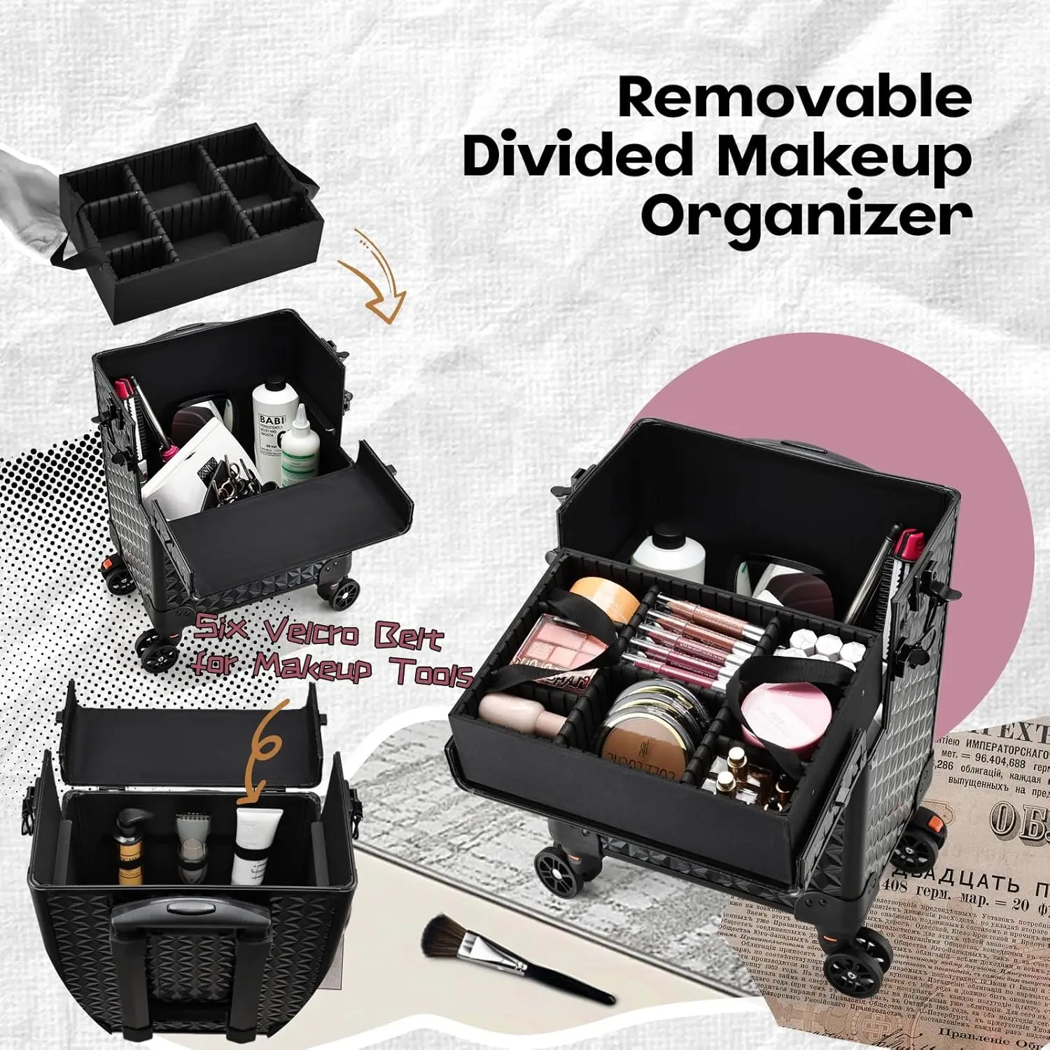5 in 1 Makeup Train Case, Cosmetology Case on Wheels Travel Make up Case Rolling Nail Cart Makeup Organizer Cosmetic