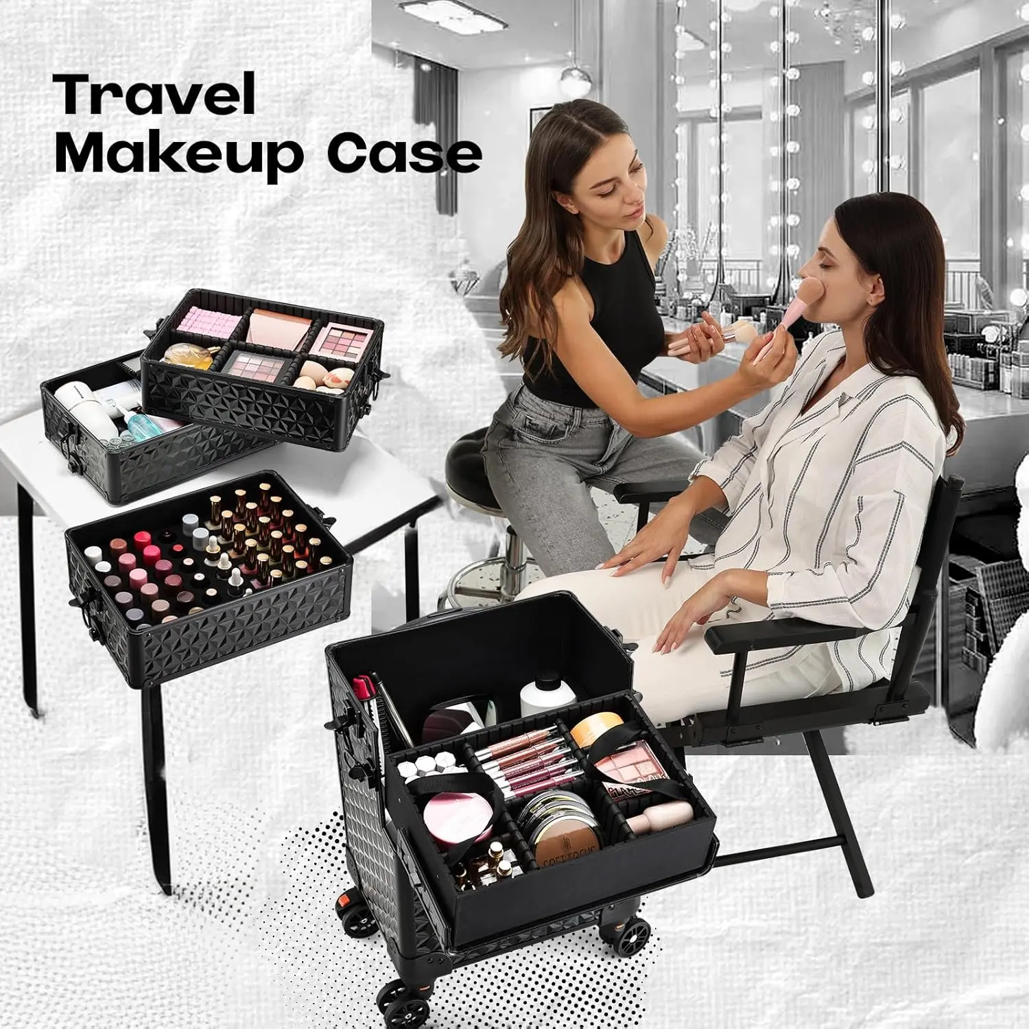 5 in 1 Makeup Train Case, Cosmetology Case on Wheels Travel Make up Case Rolling Nail Cart Makeup Organizer Cosmetic